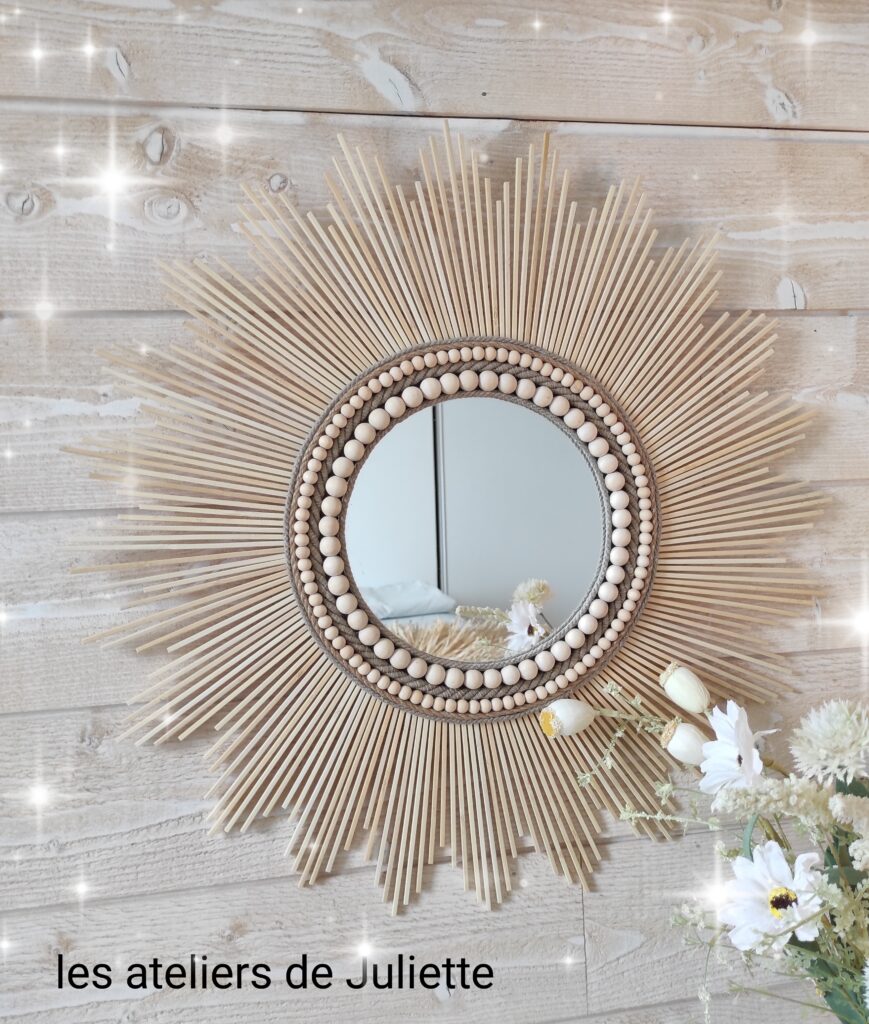 Miroir rond en bois naturel, cordes de lin et perles bois Ju0123