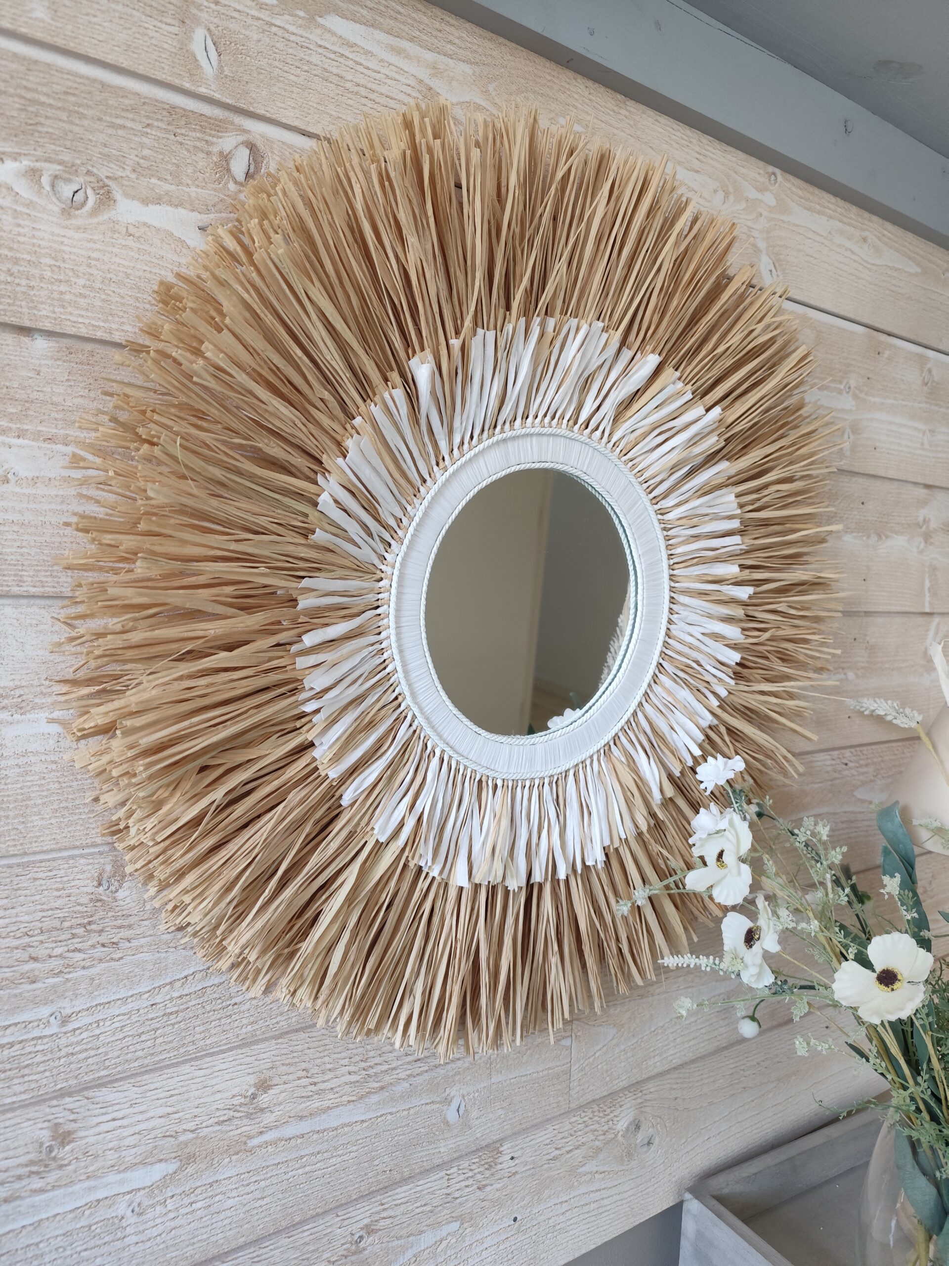 Miroir en raphia naturel et blanc sur 2 niveaux Ju0197