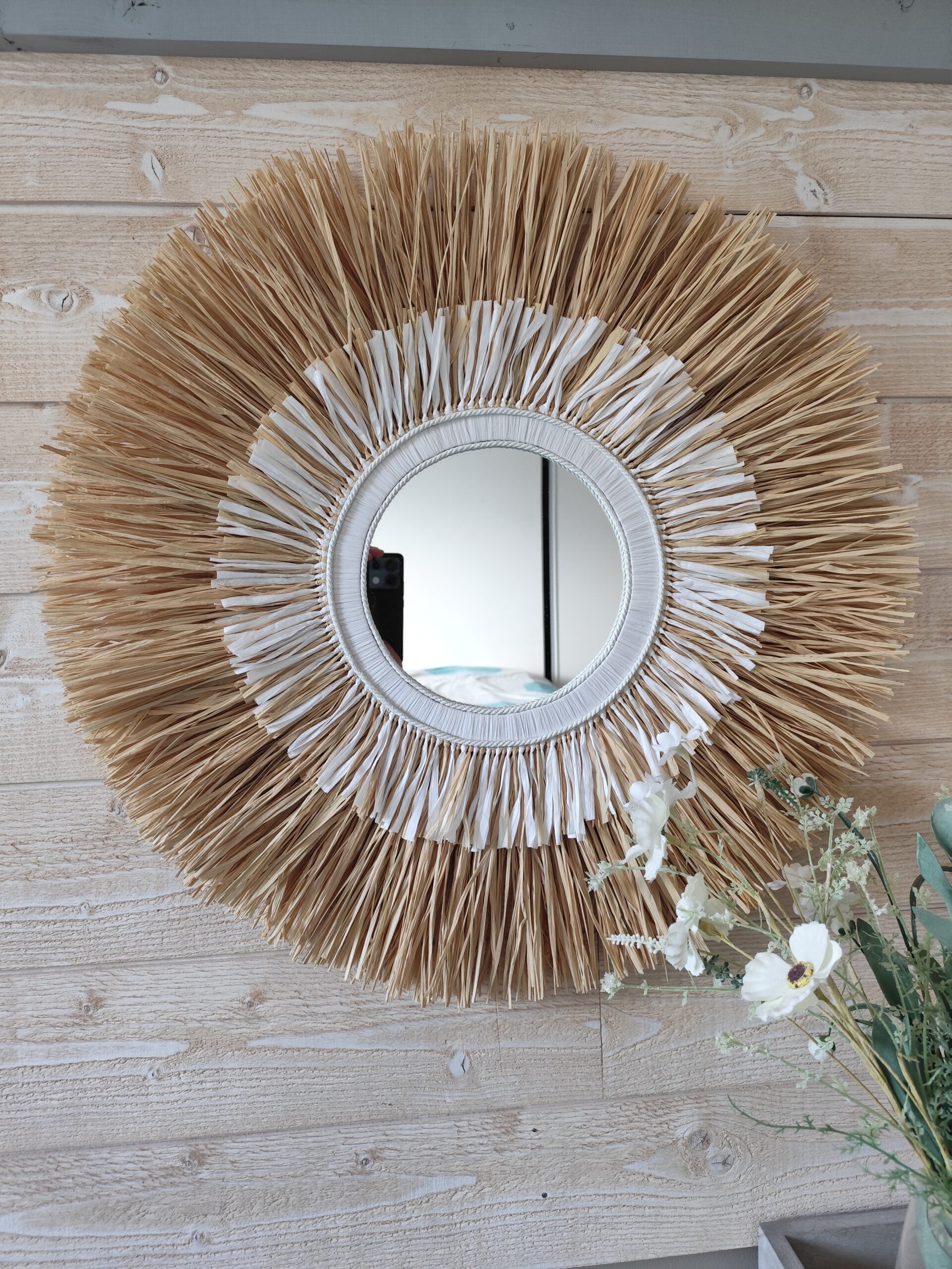 Miroir en raphia naturel et blanc sur 2 niveaux Ju0197