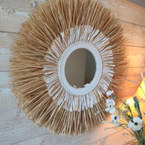 Miroir en raphia naturel et blanc sur 2 niveaux Ju0197