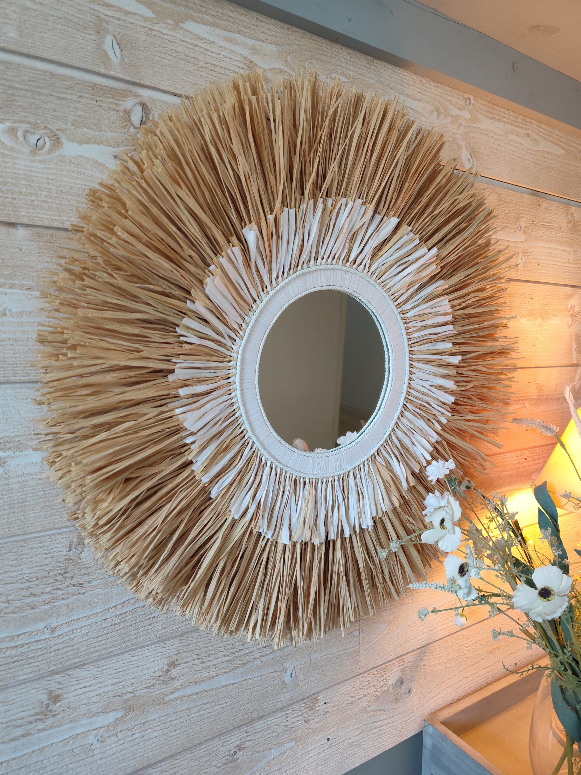 Miroir en raphia naturel et blanc sur 2 niveaux Ju0197