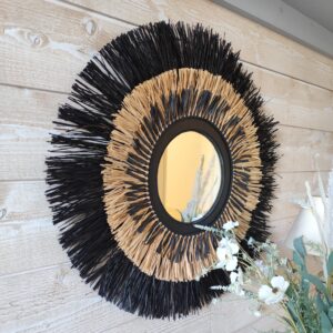 Miroir bicolor sur 3 niveaux de raphia naturel et noir Ju0200