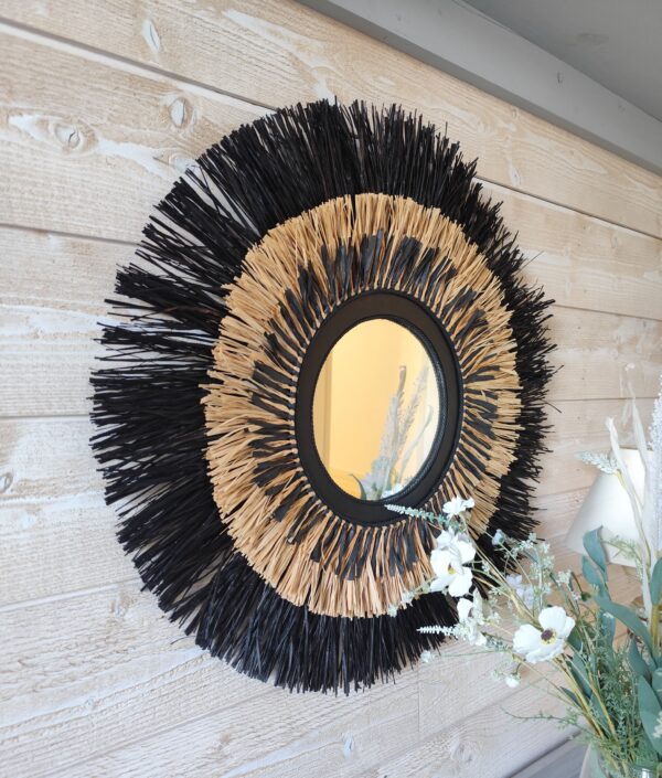 Miroir bicolor sur 3 niveaux de raphia naturel et noir Ju0200