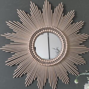 Miroir rond en bois naturel, cordes de lin et perles bois Ju0236