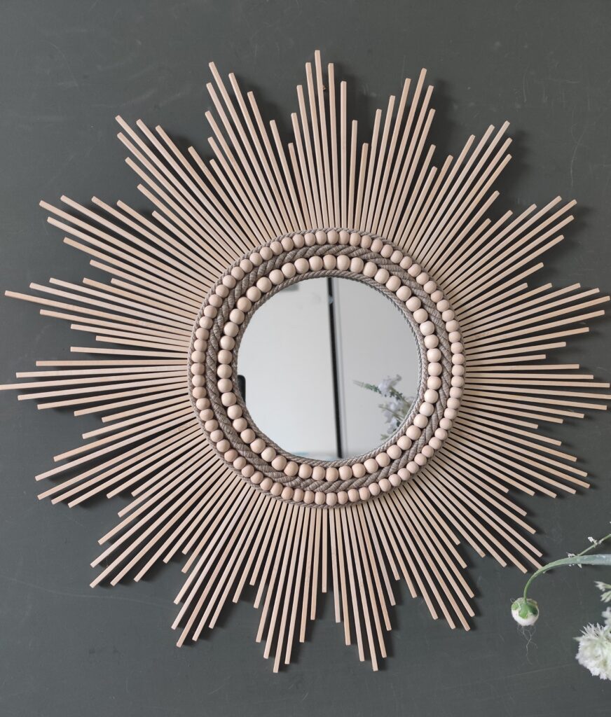 Miroir rond en bois naturel, cordes de lin et perles bois Ju0236