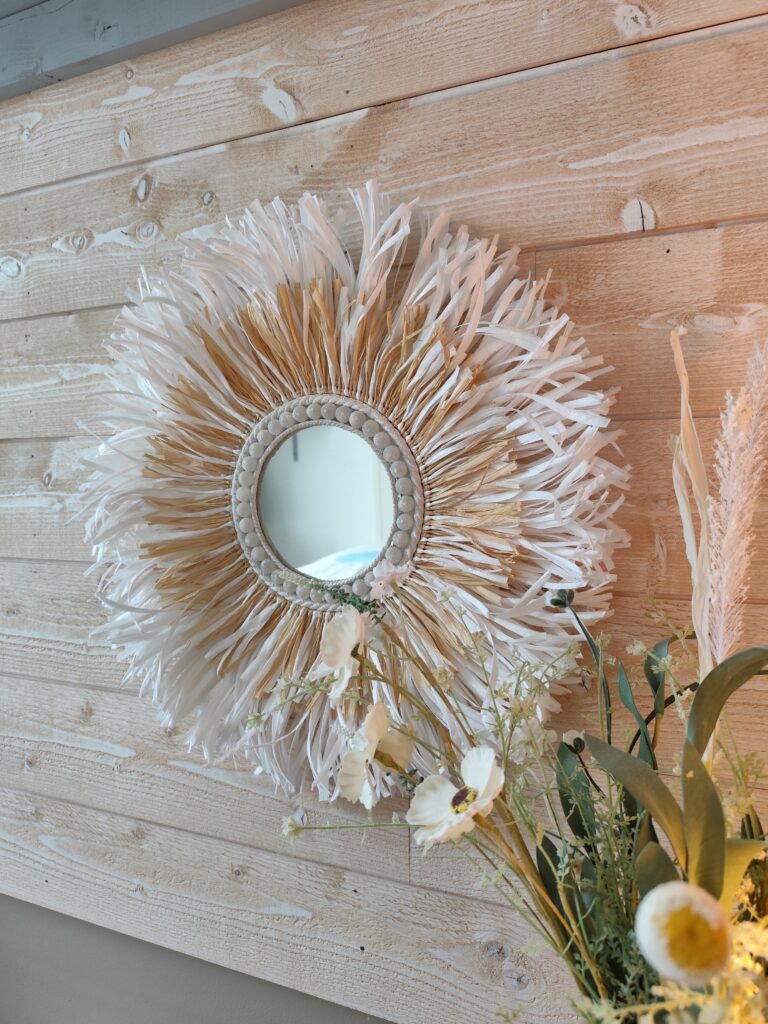 Petit tableau miroir chambre enfant raphia blanc et naturel Ju0251