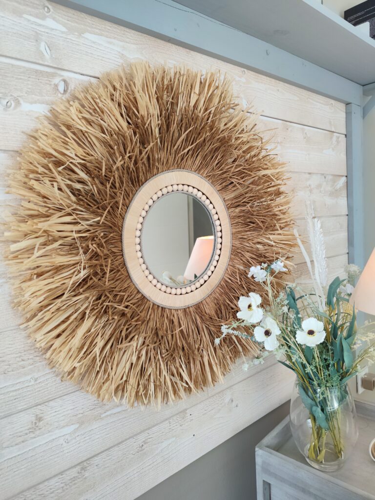Miroir en raphia naturel et marron clair sur 2 niveaux Ju0257