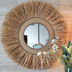 Cadeau Noël.Grand Miroir rond en raphia naturel cerné d'un bord en bois Ju0171
