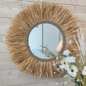 Miroir rond en raphia naturel cerné de cordes de lin, Ju0300
